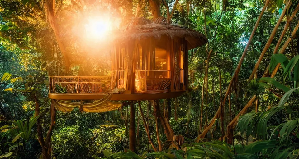 Prompt: A scene from a 2022 Marvel film featuring a cozy art nouveau reading nook inside a jungle treehouse. Golden Hour. 8K UHD.