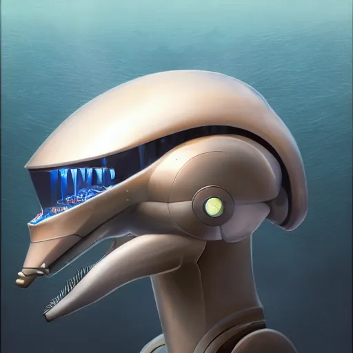 Image similar to speculative fiction art, bust profile picture of a male robotic anthro bottlenose dolphin, visor covering eyes, rounded beak, commission on furaffinity, cgsociety, octane render, subnautica