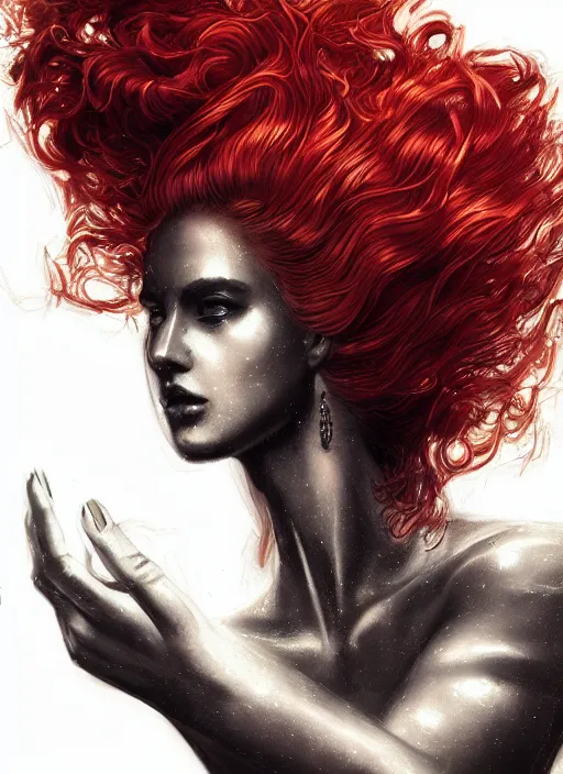 Image similar to sketch of cute beautiful red haired super model as futuristic aphrodite greek goddess wearing a holographic headdress, beautiful piercing gaze with sharp pupils, in the style of greg rutkowski, fantasy, amazing detail, epic, elegant, smooth, sharp focus, front view