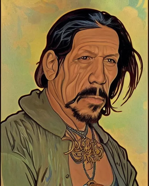 Image similar to a portrait painting of ( ( ( danny trejo ) ) ) in the style of alphonse mucha!!!