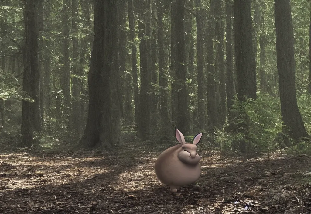 Image similar to a photo of big chungus sighting in a forest, a still from security footage, high definition