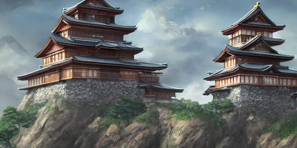 Prompt: A beautiful, perfect, impressive, amazing concept art digital CG painting of a japanese castle, trending on ArtStation, Unreal Engine