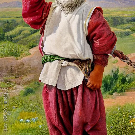 Image similar to beautiful painting by sophie anderson of a chimpanzee wearing traditional men kurdish clothes baggy pants and white shirt with a large sash tied around the waist in a kurdish village, award winning art, insanely detailed, bright colors, global illumination, cute, young, stunning