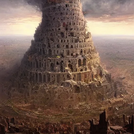 Image similar to Tower of babel, destruction, beautiful, highly-detailed oil painting by Greg Rutkowski