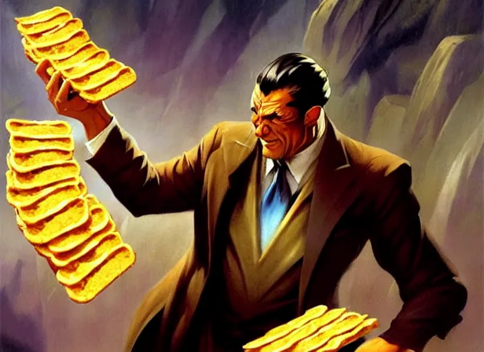 Image similar to magic : the gathering fantasy character concept art of the great businessman by frank frazetta, high resolution. a clear portrait of powerful, business man wearing a business suit, holding a wad of money made out of bread, magical bread and toast money swirling around, fantasy coloring, intricate, digital painting, artstation, smooth, sharp focus