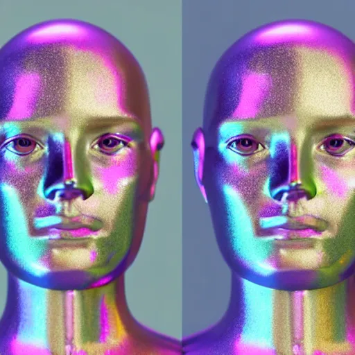 Image similar to 3d render of holographic human robotic head made of glossy iridescent, surrealistic 3d illustration of a human face non-binary, non binary model, 3d model human, cryengine, made of holographic texture, holographic material, holographic rainbow, concept of cyborg and artificial intelligence