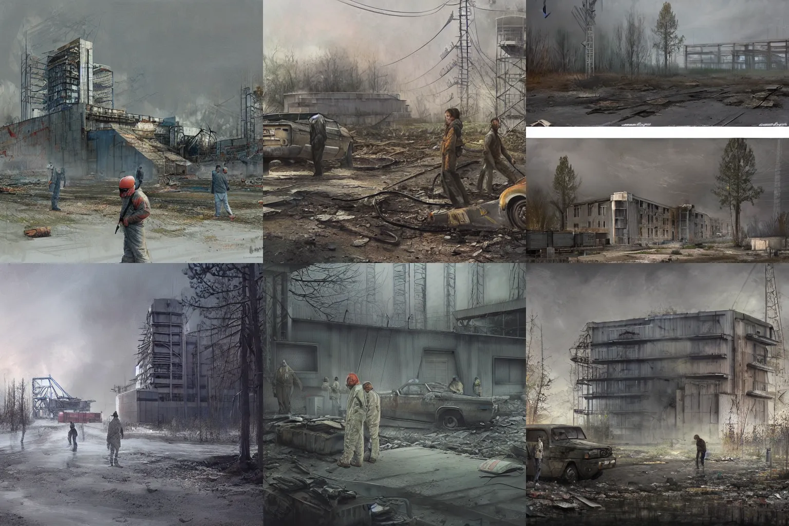 Prompt: liquidators in chernobyl, concept art by Gilles Beloeil, highly detailed, ultra detailed, ultra realistic, trending on artstation