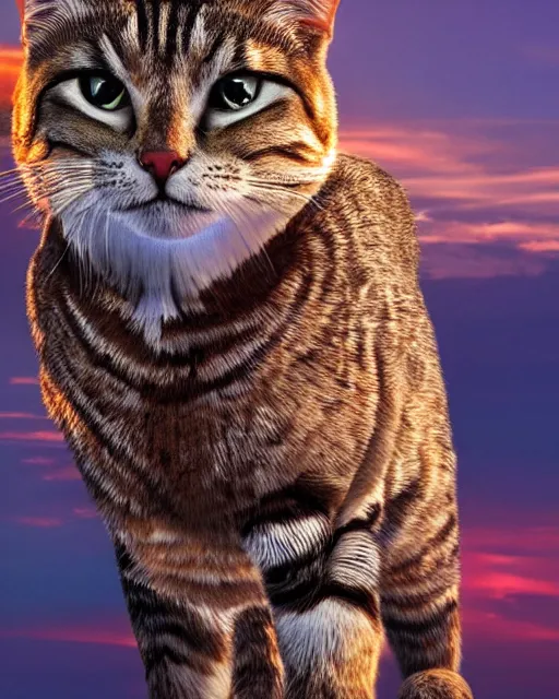 Image similar to A very attractive bipedal muscle cat wearing expensive stones embellished with gold stripes, ultra-realistic, white background, 8k HDR sunset lit, intricate detail