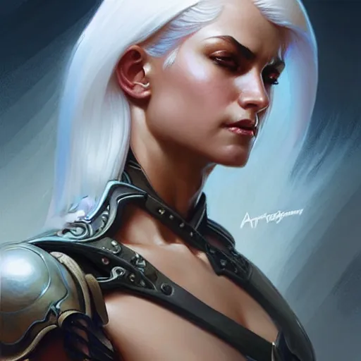 Image similar to female hot soldier with white hair, muscular upper body, D&D, fantasy, intricate, elegant, highly detailed, digital painting, artstation, concept art, smooth, sharp focus, illustration, art by artgerm and greg rutkowski and alphonse mucha