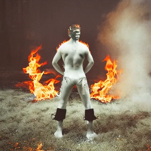 Image similar to realistic expired kodak film full body portrait of an fire performer,, hyperrealism, hypermaxiymalism, photorealistic, detailed, atmospheric, 8 k, award winning photography, cinematic