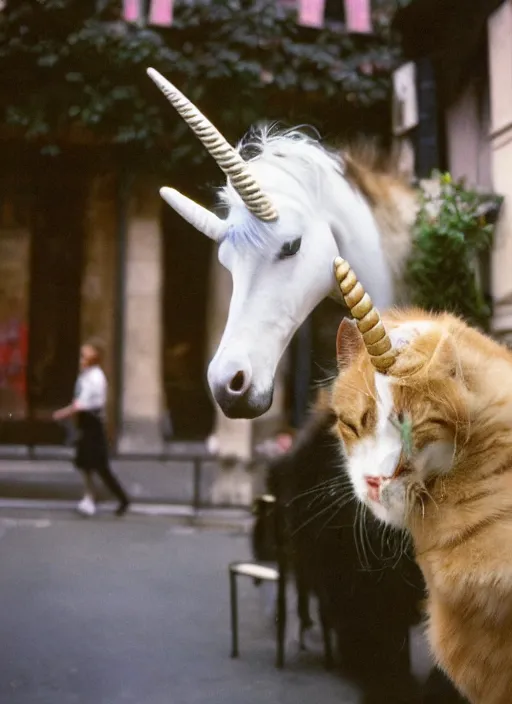 Prompt: a unicorn in paris sneezing a cat out of its horn, canon 5 d 5 0 mm lens kodachrome