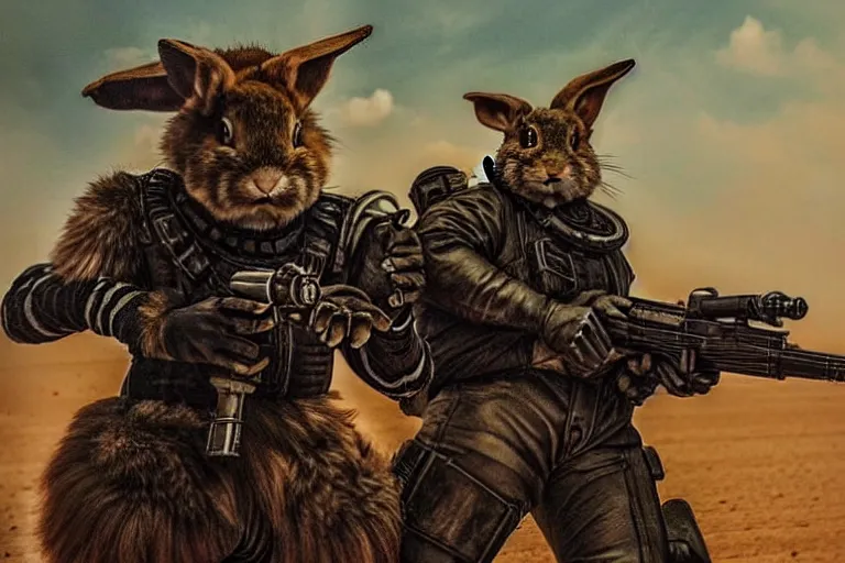 Image similar to a good ol'rabbit fursona ( from the furry fandom ), heavily armed and armored facing down armageddon in a dark and gritty version from the makers of mad max : fury road. witness me.