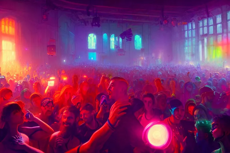 Prompt: scene from a rave, vibrant colours, beautiful, magical realism, digital art, winning award masterpiece, cinematic lighting, trending on artstation, painting by otto dix and greg rutkowski, 8 k