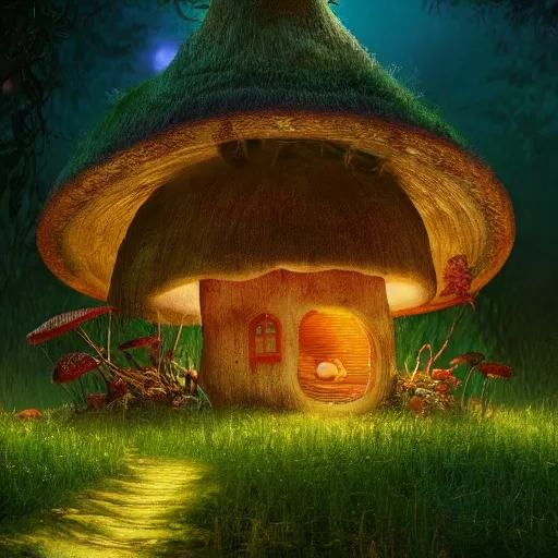 Image similar to a mushroom house in a magical, colorful forest grove at night, blue - glowing willow wisps, trending on artstation, corona renderer, cinematic, hyper realistic detail, concept art