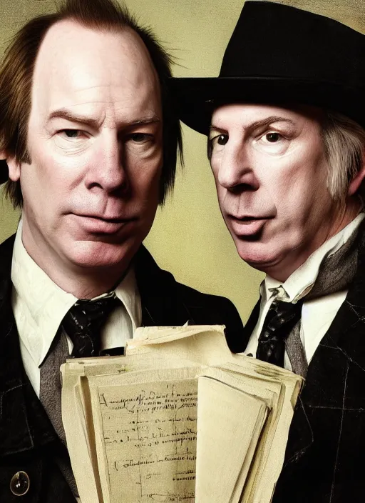 Image similar to portrait of michael mckean and bob odenkirk, baroque portrait, realistic, serious, dark backround