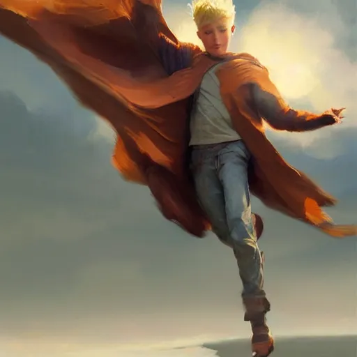 Image similar to blonde boy with golden eyes wearing a brown cape and flying in t pose, energy background, brush strokes, greg rutkowski, oil painting