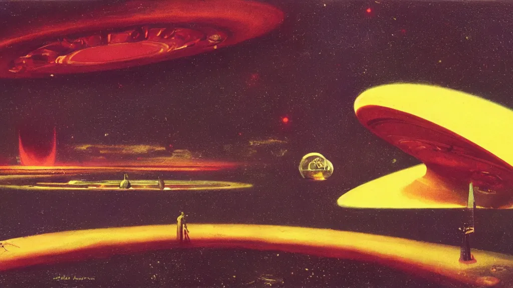 Image similar to flying saucer design by paul lehr and jack gaughan and john schoenherr, cinematic matte painting