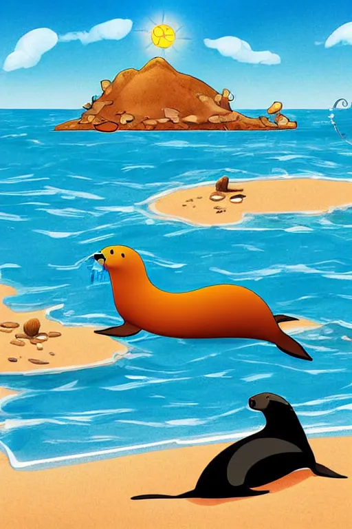 Prompt: illustration for a story that reads : sleek sea lions love the sun and the sand, and you'll often find them taking a swim. but their favorite pastime of all, is simply basking on the shore., colorful, fantasy, pixar, childrens book illustration, sharp high detail, manga and anime ( 6 )