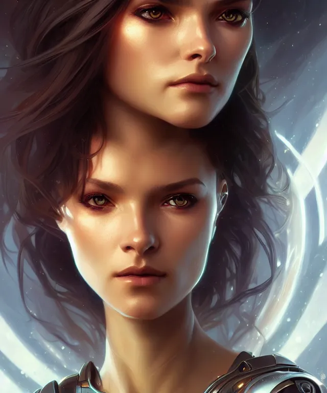 Image similar to futuristic young woman portrait, sci-fi, amber eyes, face, long hair, fantasy, intricate, elegant, highly detailed, digital painting, artstation, concept art, smooth, sharp focus, illustration, art by artgerm and greg rutkowski and alphonse mucha