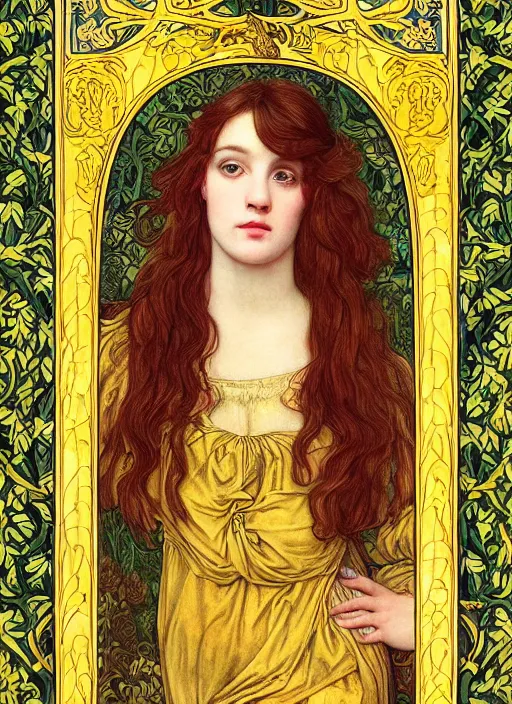 Prompt: masterpiece beautiful seductive flowing curves pose preraphaelite portrait photography, straight bangs, thick body, yellow ochre ornate medieval dress, mushroom forest arch, william morris and kilian eng and mucha, framed, 4 k