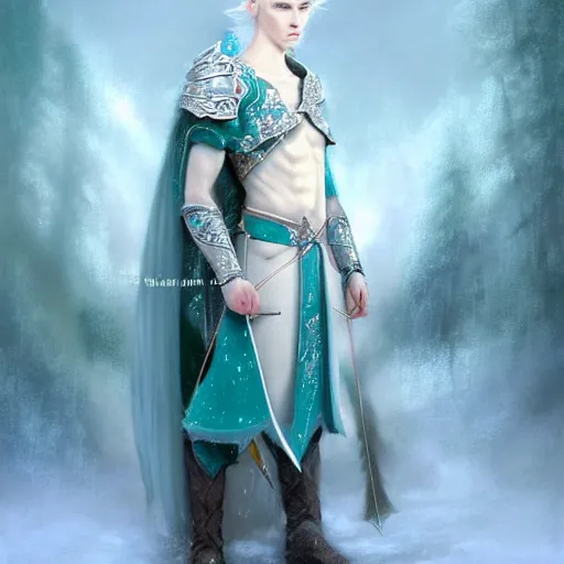 Prompt: a stunningly beautiful portrait of a handsome male snow elf in a turquoise cape and silver ornate armour as an archer, albino skin, pale pointed ears, ethereal opalescent mist, moonlight snow, perfect face, elegant, very coherent symmetrical artwork, atmospheric lighting, rule of thirds, by wenjun lin, krenz cushart, charlie bowater, trending on artstation