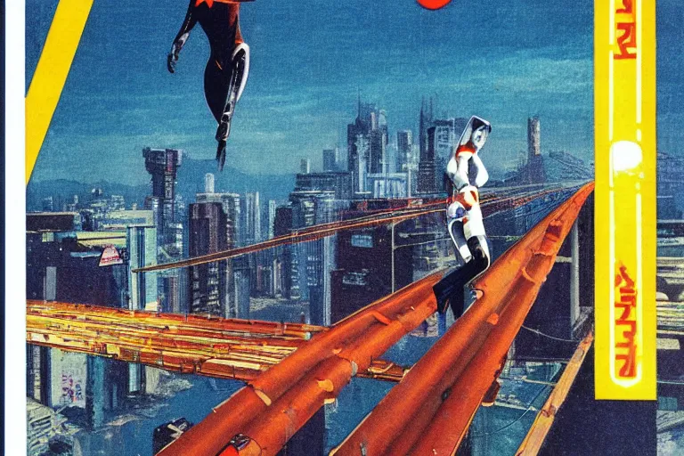 Image similar to 1 9 7 9 omni magazine cover of jumping off a bridge above a park in osaka. cyberpunk style by vincent di fate