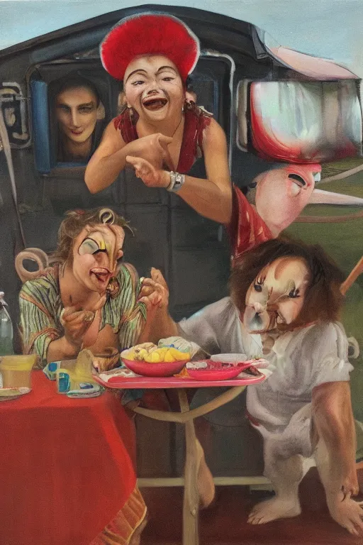 a hyperrealistic portrait of two circus performers Stable Diffusion