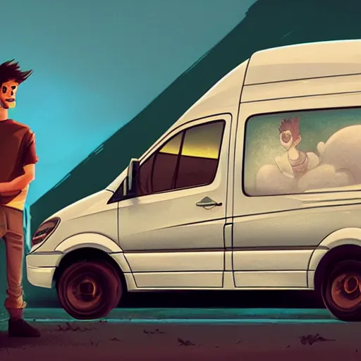 Prompt: a frowning creative director in front of a sprinter van, illustration by jordan grimmer and greg rutkowski