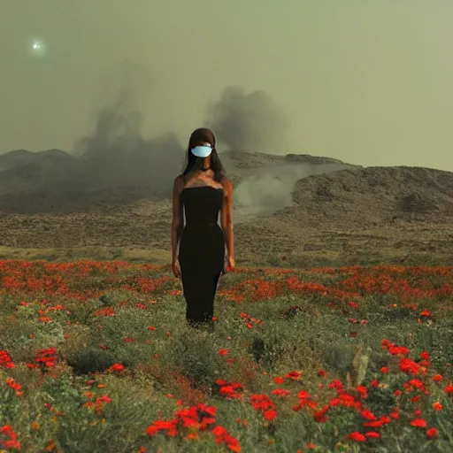 Image similar to The full body shot of beautiful pale woman on fire, with many flowers and full-face silver mask with, a thick black smoke in rocky desert landscape, landscape background, many reflection eyes, falling star on the background, dry earth by Christopher Doyle, Gaspar Noe, Tarkovsky, Alejandro Jodorowsky, anamorphic lens, cinematic composition, award winning photo, 8k