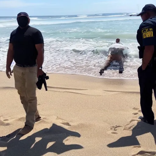 Image similar to federal agents arrest drug dealers on a beautiful beach