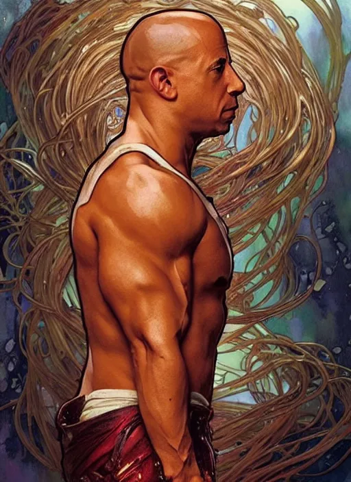 Prompt: vin diesel covered in spaghetti, painting by artgerm and greg rutkowski and alphonse mucha