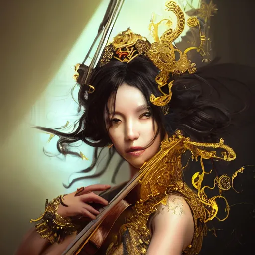 Image similar to the portrait, masked female violinist, exotic costumes, gold jewelry, black hair ， illustration by wenjun lin, irakli nadar, bright colors, octopath traveler, wenjun lin, unreal engine 5 highly rendered, global illumination, radiant light, detailed and intricate environment