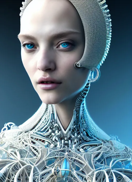 Prompt: portrait of an absurdly beautiful, graceful, sophisticated, fashionable cyberpunk mechanoid, hyperdetailed illustration by irakli nadar and alexandre ferra, intricate linework, white porcelain skin, faberge, fractal ivory headdress, unreal engine 5 highly rendered, global illumination, radiant light, detailed and intricate environment