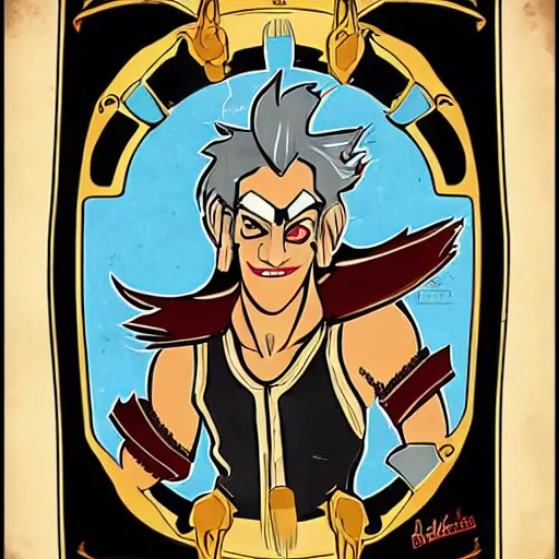 Prompt: junkrat from overwatch in the style of a 1 9 6 0 s art nouveau poster