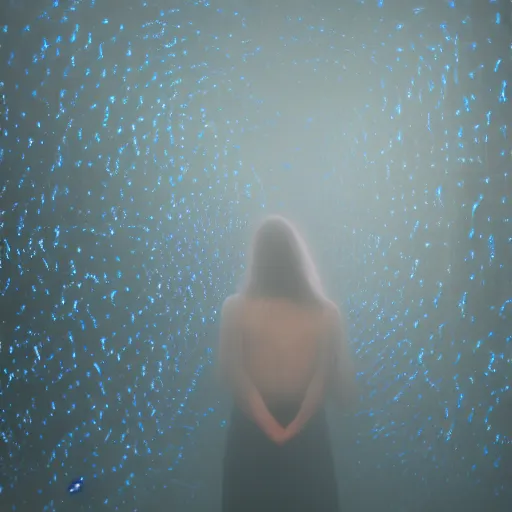 Prompt: backlit photo of a translucent woman made entirely of glass amongst a swarm of dark bats in cloudy orange and blue fog. Shadows of bats can be seen in the fog. Motion blur.