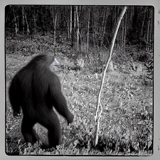 Image similar to a trailcam photo of bigfoot, grainy, vintage, partially obscured