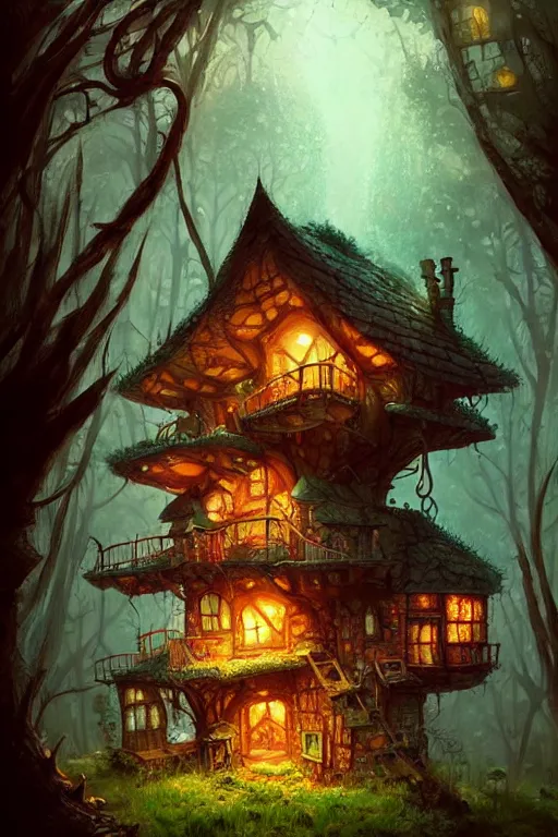 Prompt: a storybook style ramshackle multistory fairytale hut in the forest, by Marc Simonetti, intricate, elegant, fantasy, highly detailed, digital painting, concept art, sharp focus, artstation