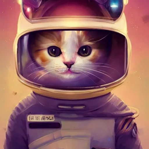 Image similar to head and shoulders masterpiece portrait of a cute adorable cat wearing a spacesuit, surreal background, digital art by krenz cushart, trending on artstation, cgsociety,