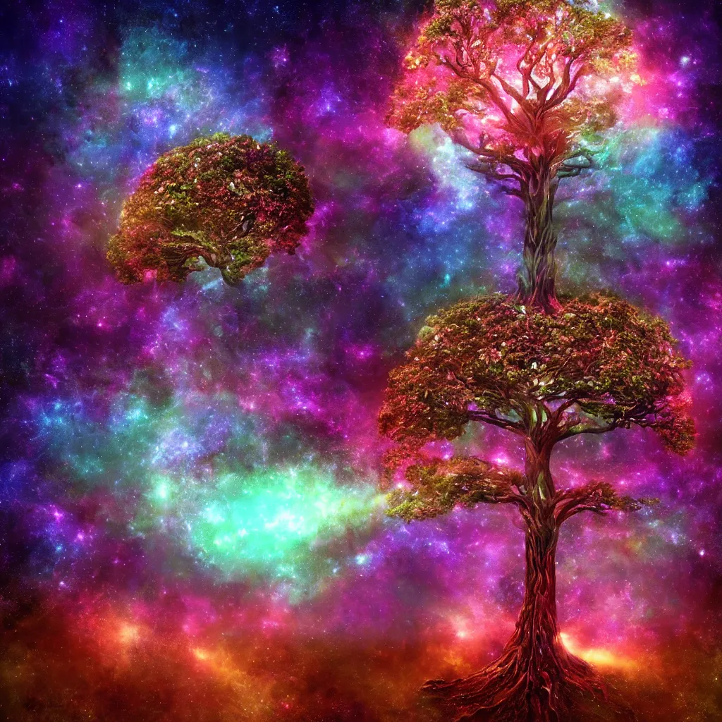 Image similar to Cosmic tree of life, trees, Tree in a galaxy made of stars, space, nebulas stars Dmt Psychedelic cosmos, cosmic, Hallucination, night sky; 8k, artstation, unreal engine, octane render, hdr, surrealistic, hyperrealism, glow, photorealistic, volumetric lighting, Dreamy, dynamic, mystical