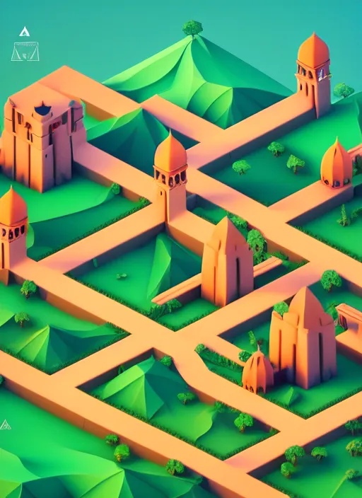 Image similar to a low poly isometric render of a kerala village in the style of monument valley, intricate, elegant, highly detailed, artstation, smooth, sharp focus, illustration, art by artgerm, octane render, aesthetic 8 k