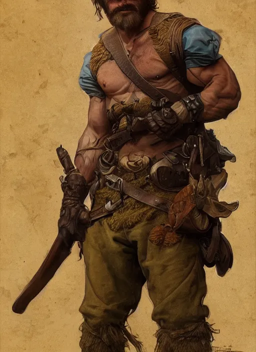 Image similar to portrait of a rugged ranger, muscular, upper body, hairy torso, D&D, fantasy, intricate, elegant, highly detailed, digital painting, artstation, concept art, smooth, sharp focus, illustration, art by alphonse mucha