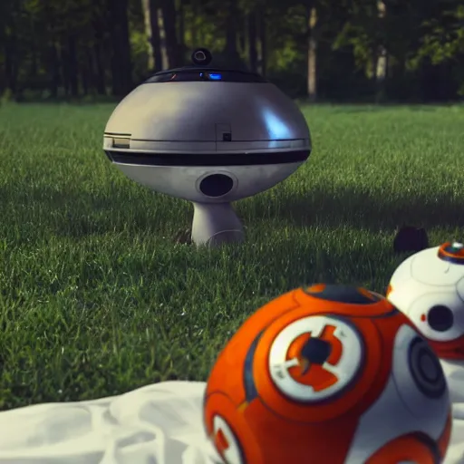 Prompt: bb 8 and hal 9 0 0 0 having a picnic, octane render, unreal engine, 8 k, hyperrealistic, photorealism