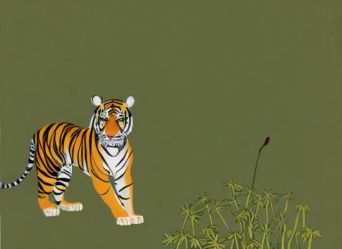 Prompt: a tiger in the centella asiatica in eyvind earle style