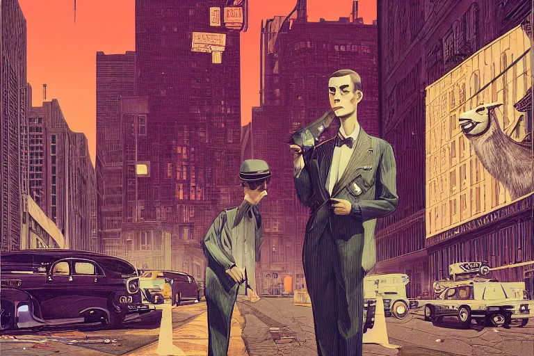 Image similar to a personified llama wearing a 1 9 4 0's noire detective outfit, standing in the streets of chicago at night looking at a crime scene, crime scene photography by moebius, junji ito, tristan eaton, victo ngai, artgerm, rhads, ross draws, hyperrealism, intricate detailed, risograph