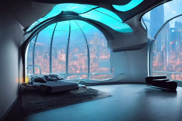 Image similar to a futuristic bedroom with large curved ceiling high windows looking out to a far future cyberpunk cityscape, cyberpunk neon lights, raining, scifi