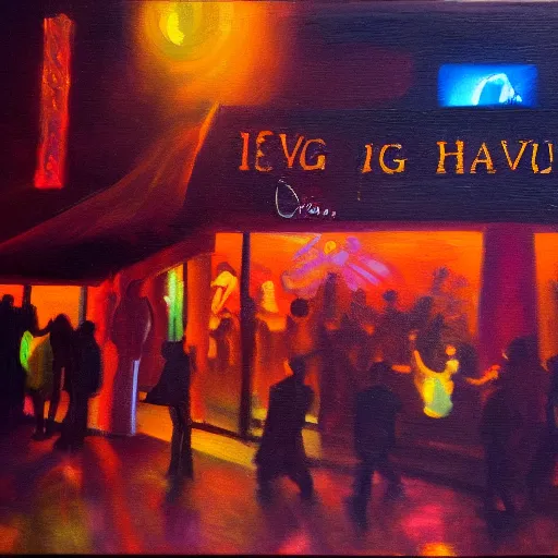 Prompt: Leaving Heaven Nightclub at 5am, oil on canvas