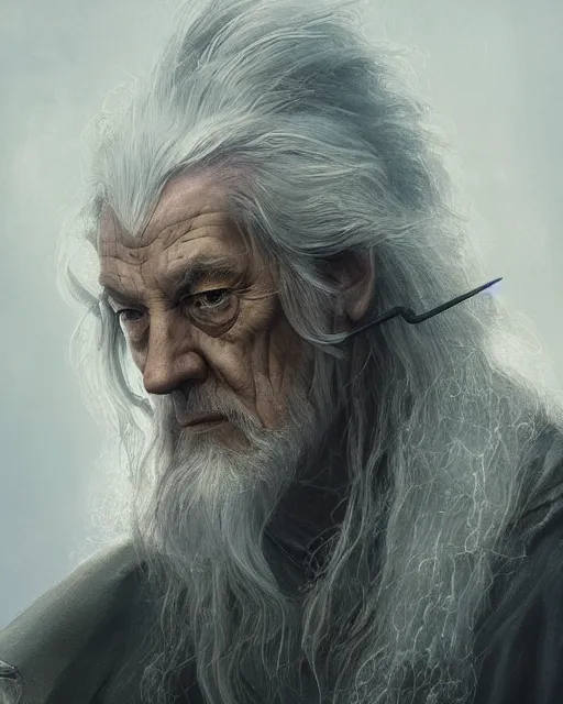 Image similar to gandalf with cybernetic enhancements, detailed face, scifi character portrait by greg rutkowski, esuthio, craig mullins, 1 / 4 headshot, cinematic lighting, dystopian scifi gear, gloomy, profile picture, mechanical, half robot, implants, steampunk