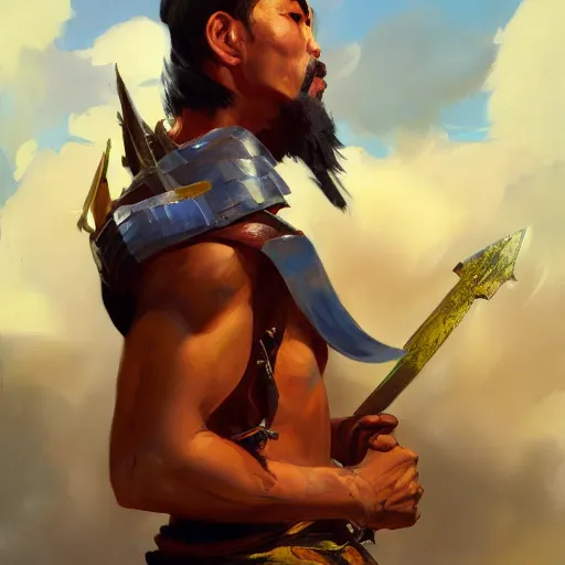 Image similar to greg manchess portrait filipino fighter struck in chestplate with a sword, organic painting, sunny day, matte painting, bold shapes, hard edges, street art, trending on artstation, by huang guangjian, gil elvgren, ruan jia, randy vargas, greg rutkowski