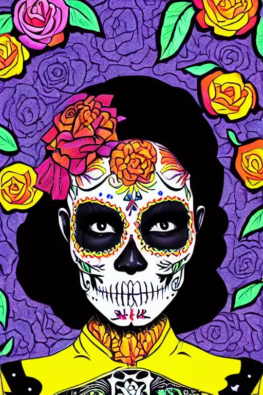 Prompt: Illustration of a sugar skull day of the dead girl, art by angus mckie