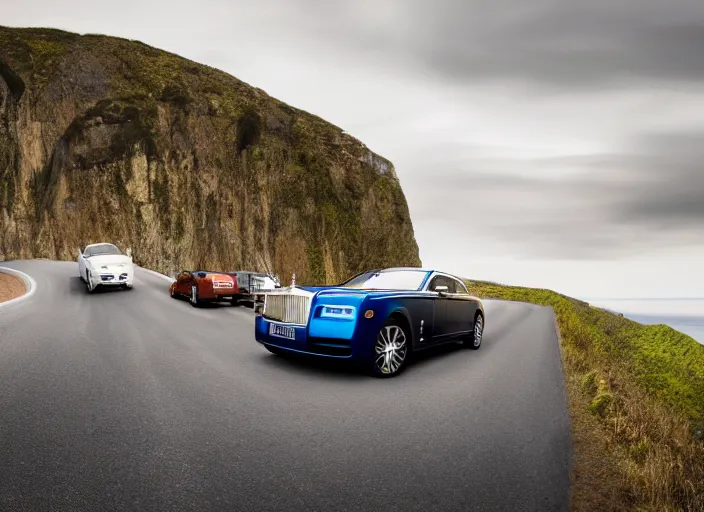 Image similar to hyper realistic ultra realistic photograph of a rolls royce fleet driving off a cliff, wide angle, highly detailed, 8k photograph